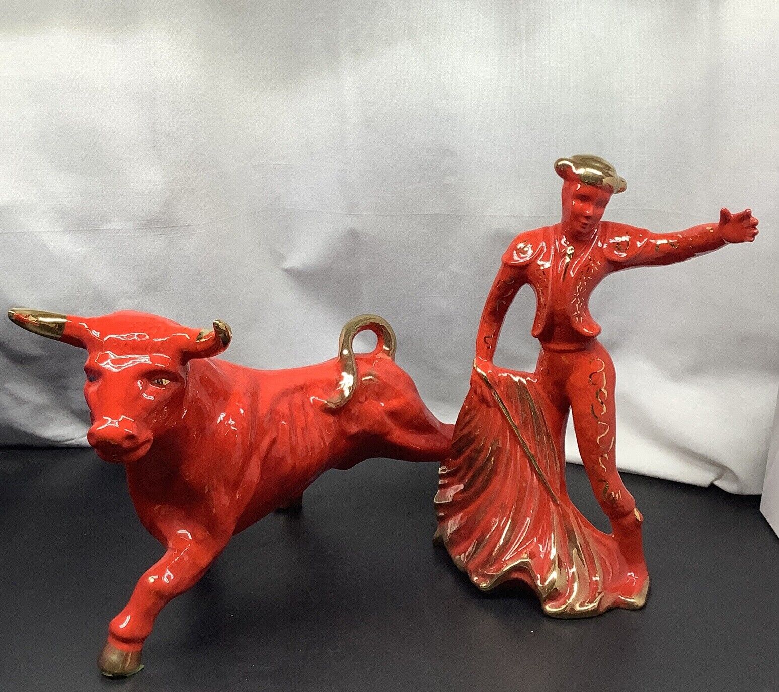 Vintage MCM 50’s RED With GOLD Gilding Ceramic BULL & MATADOR Statue Gorgeous