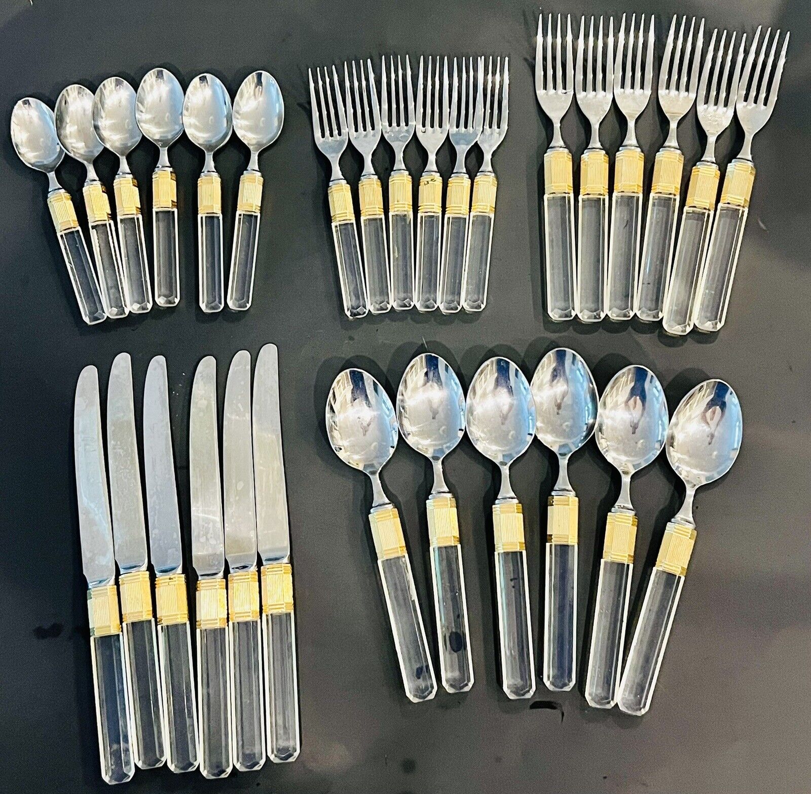 VTG 30 Mikasa Laslo Prisma Clear Handle Gold Accent Stainless Flatware 6 Service