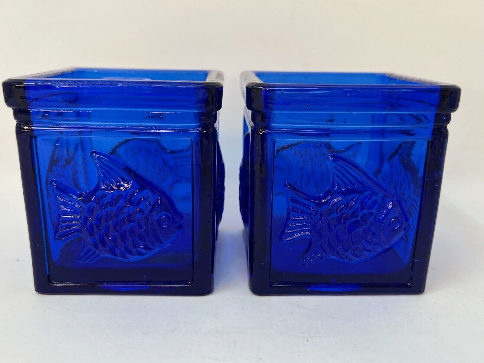 Vintage Cobalt Blue Glass Votive Candle Holders Embossed Fish Set of 2