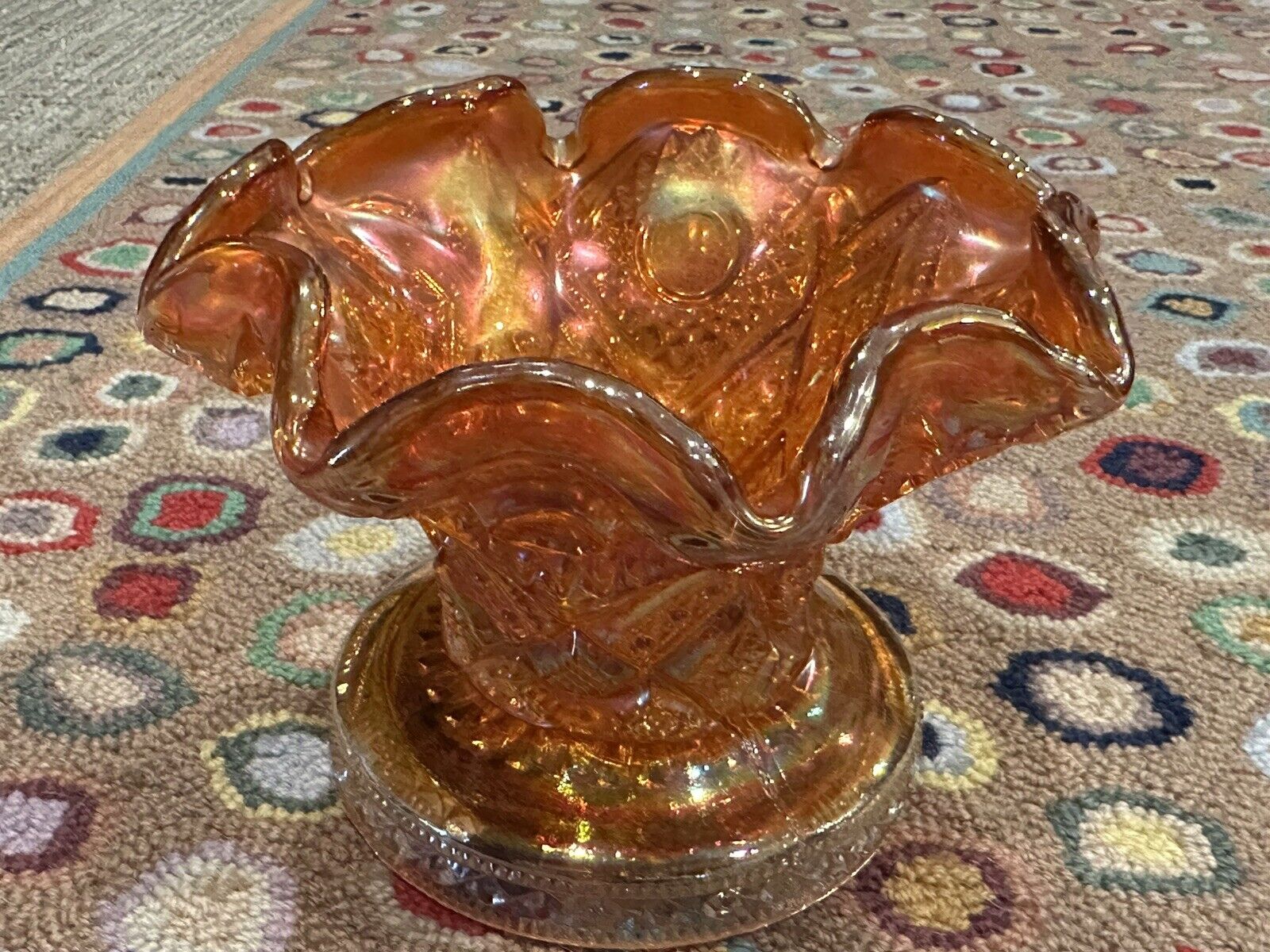 IMPERIAL CARNIVAL GLASS MARIGOLD HOBSTAR ARCHES PUNCH BOWL COMPOTE BASE EUC