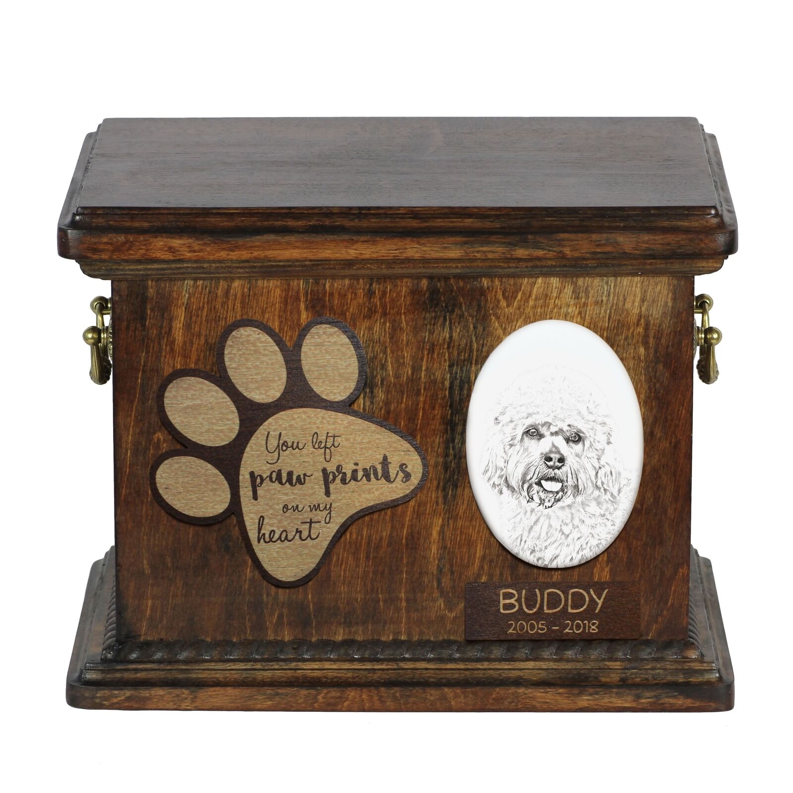 Dandie Dinmont Terrier - Urn for dog ashes with ceramic plate and description