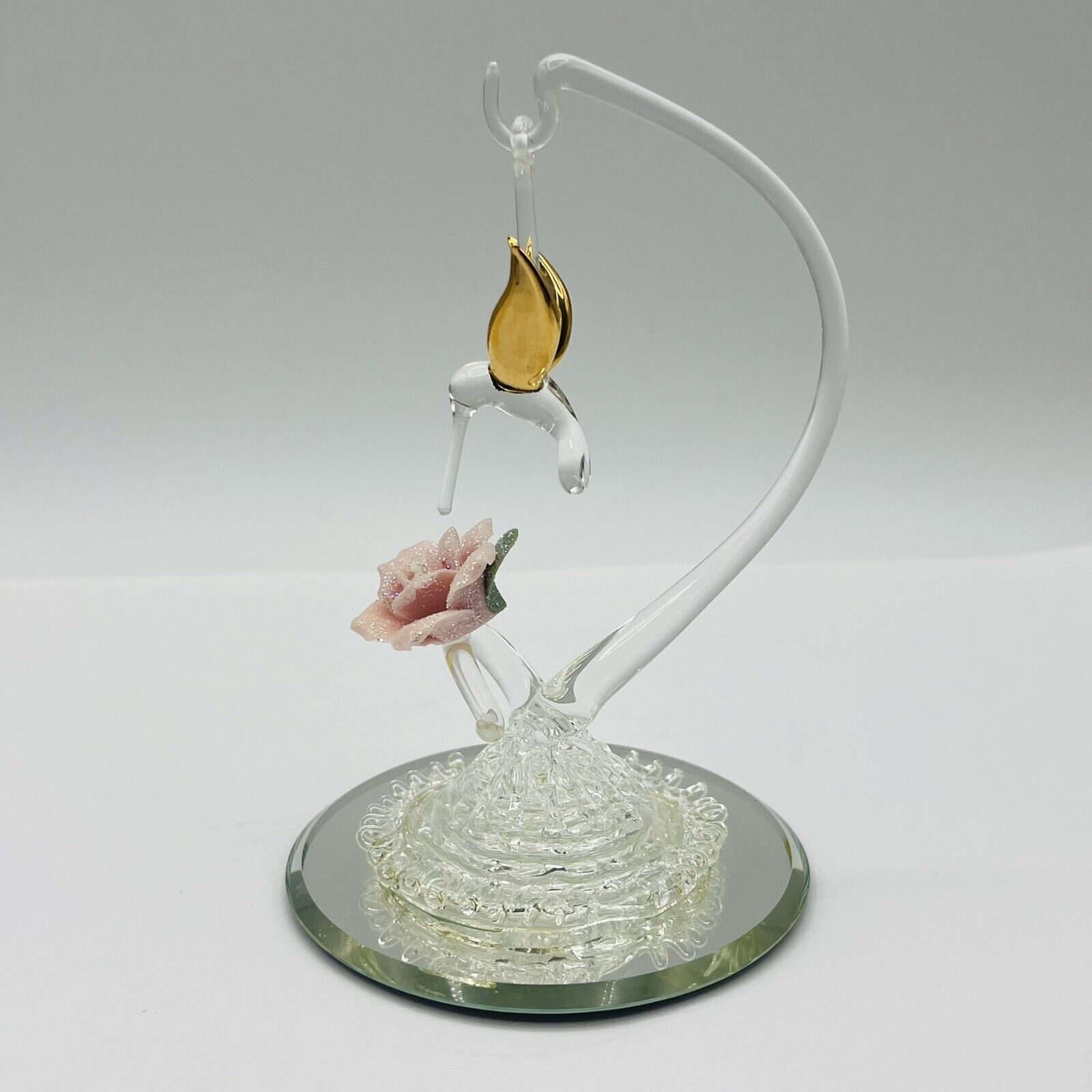 Vintage Handblown Glass Hanging Hummingbird With Flower Mirror Base