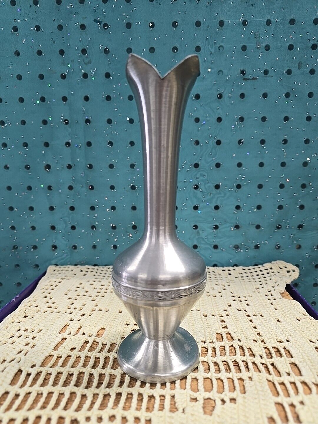 Antique Revere Pewter Trumpet Vase, Tulip Top 7.5\