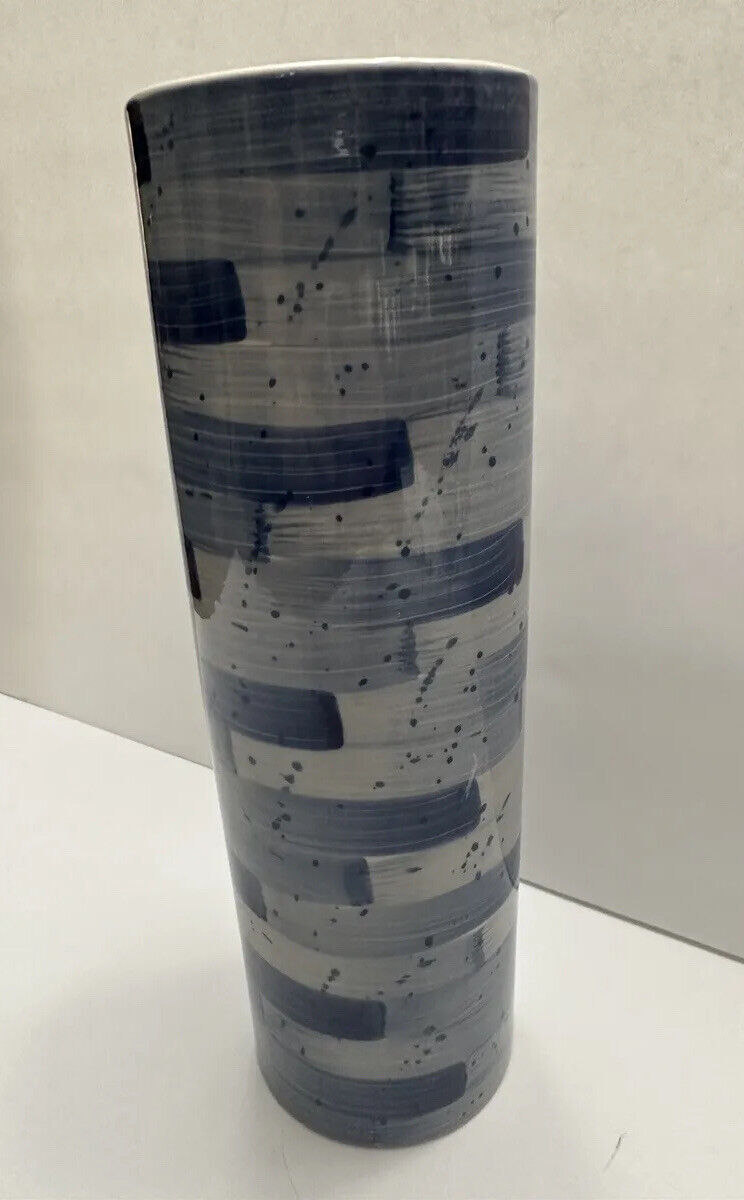 Lenox Blue Indigo Cylinder Vase 10” Painted Striped