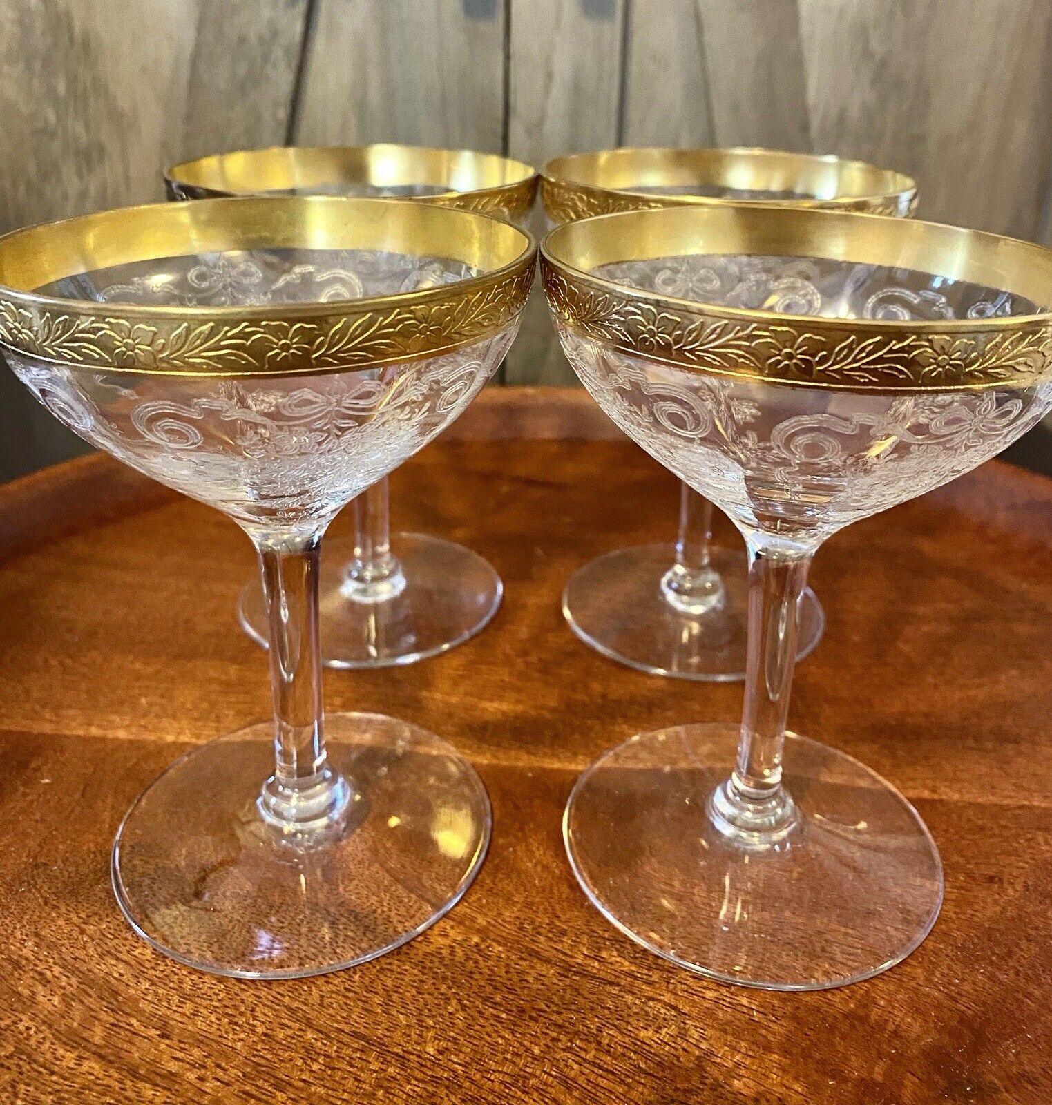 Tiffin MELROSE Vintage Clear Stem Cocktail Glasses Gold Encrusted Rare 1930’s