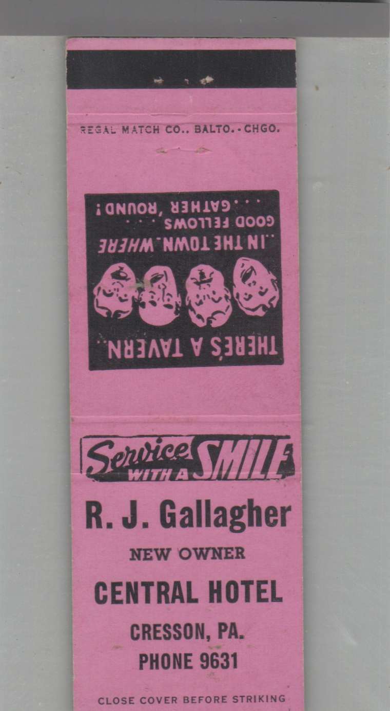 Matchbook Cover - Music Related R.J. Gallagher Central Hotel Cresson, PA