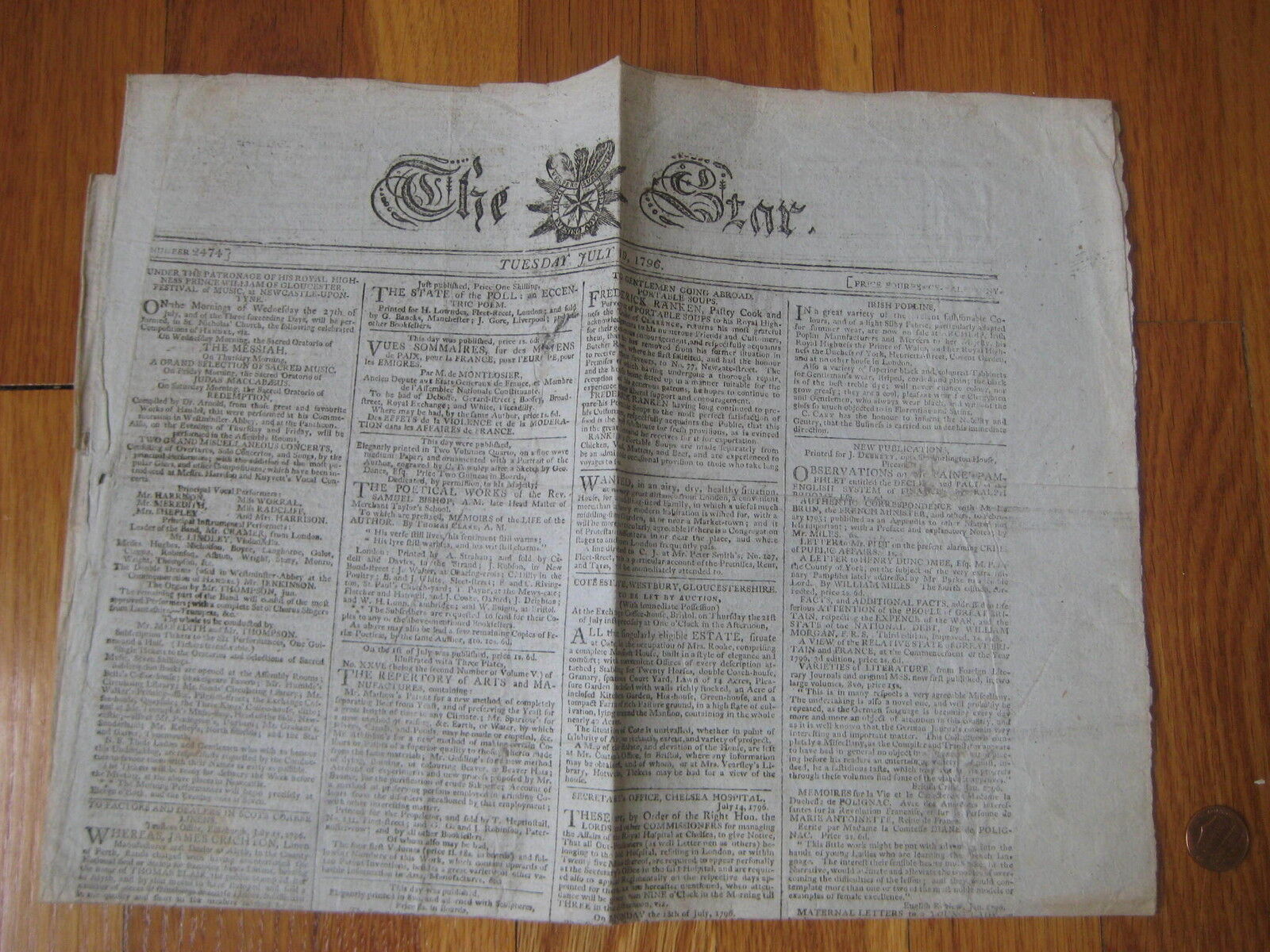 1796 The Star Evening Advertiser ANTIQUE NEWSPAPER London UK Block Island RI