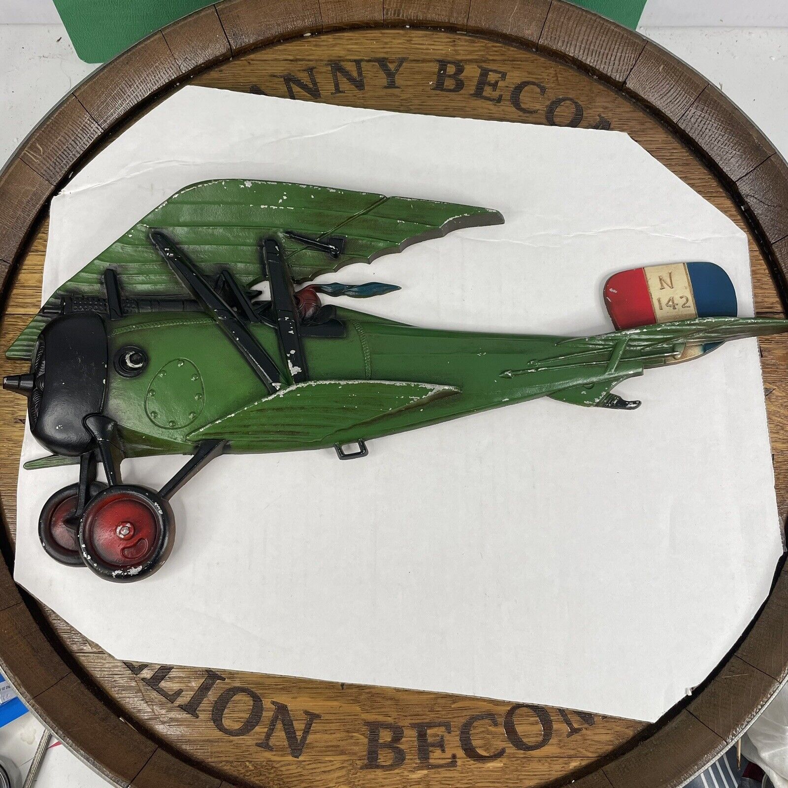 Vintage Sexton Green Biplane Airplane 3D Metal Wall Art 20” VG Condition