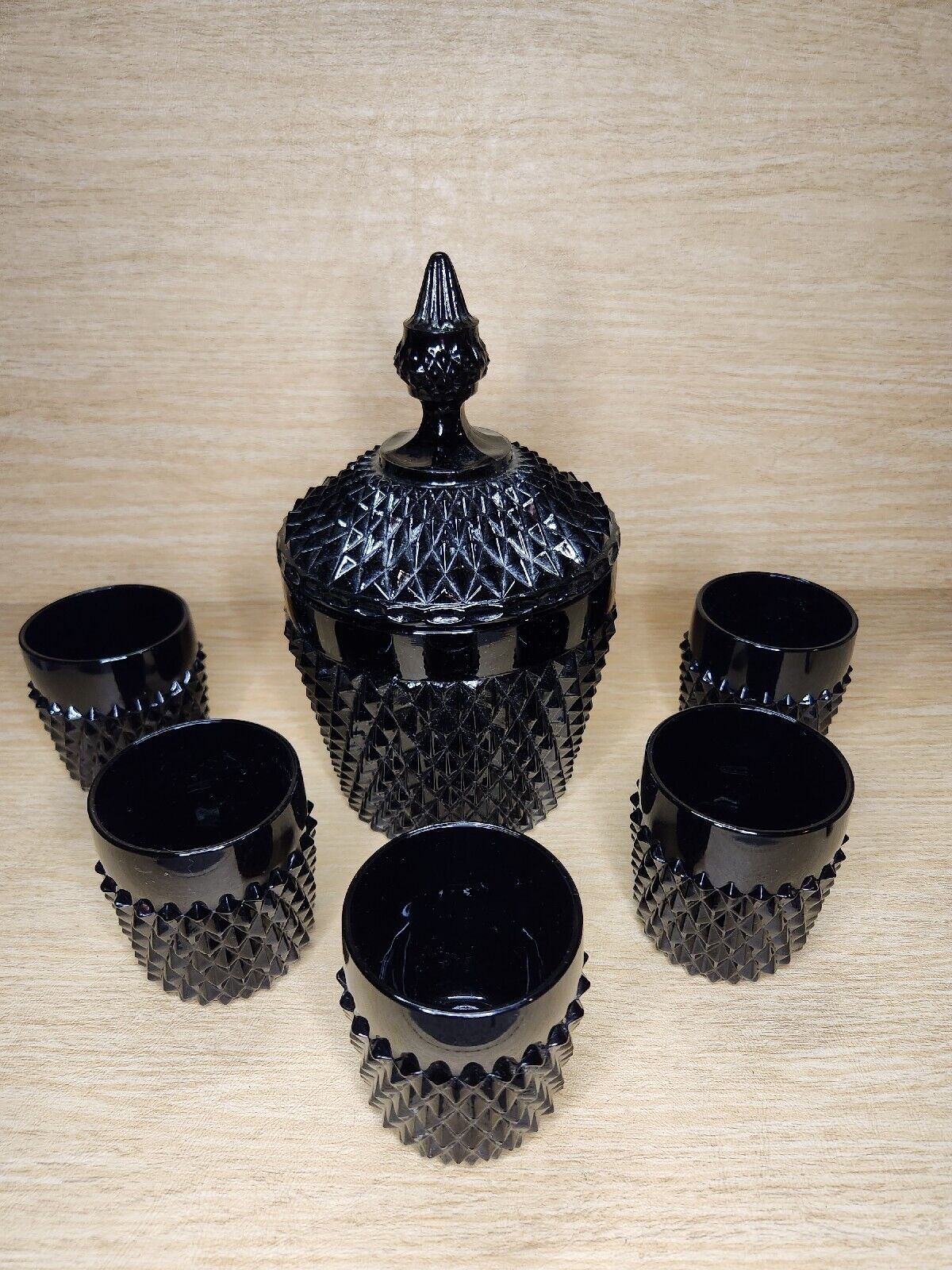 Vintage 1960s Tiara Indian Black Diamond Point Glass 5 Small Cups & Ice Bucket