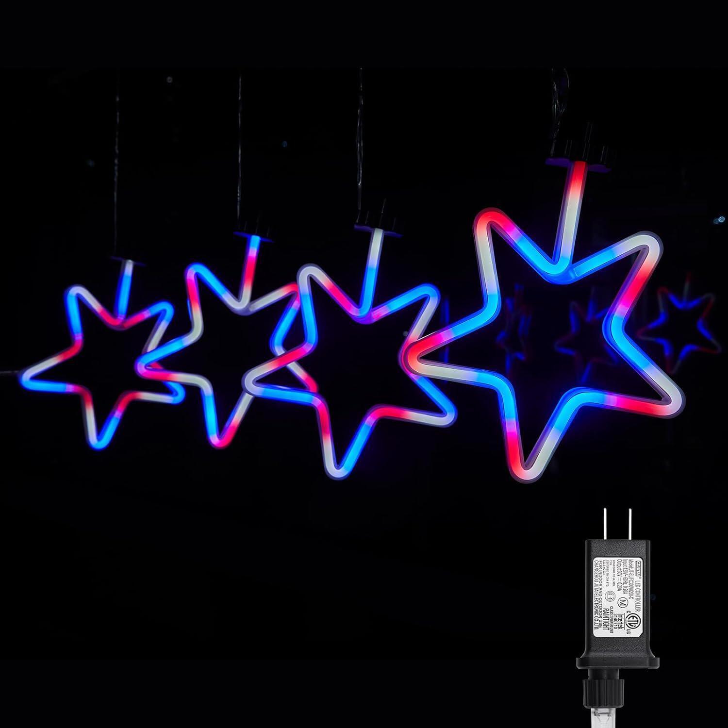 4th of July Decorations Outdoor Red White and Blue Lights, 4 Big Neon Star Plug