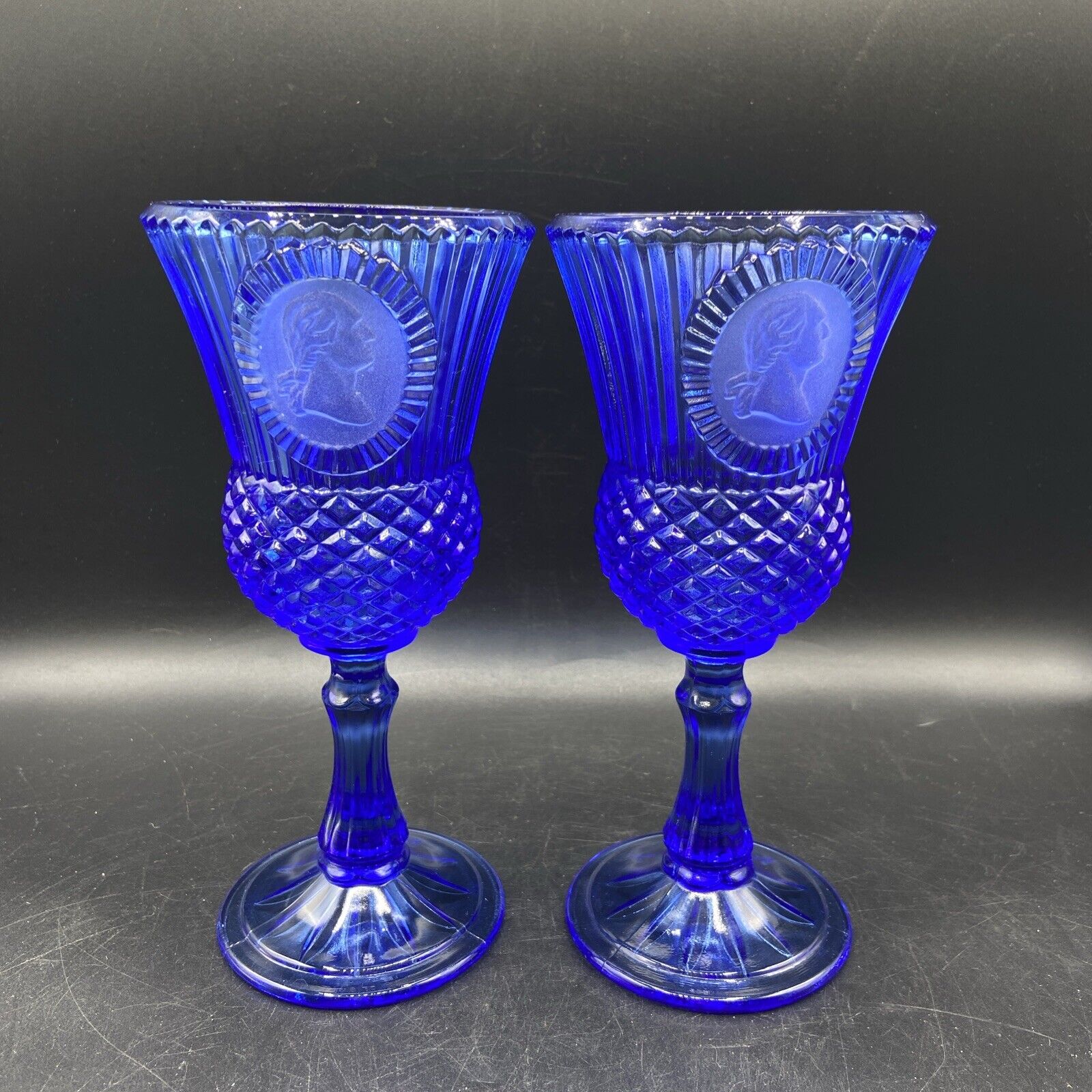 Two Vintage Avon Fostoria Cobalt Blue Goblets George Washington 1976