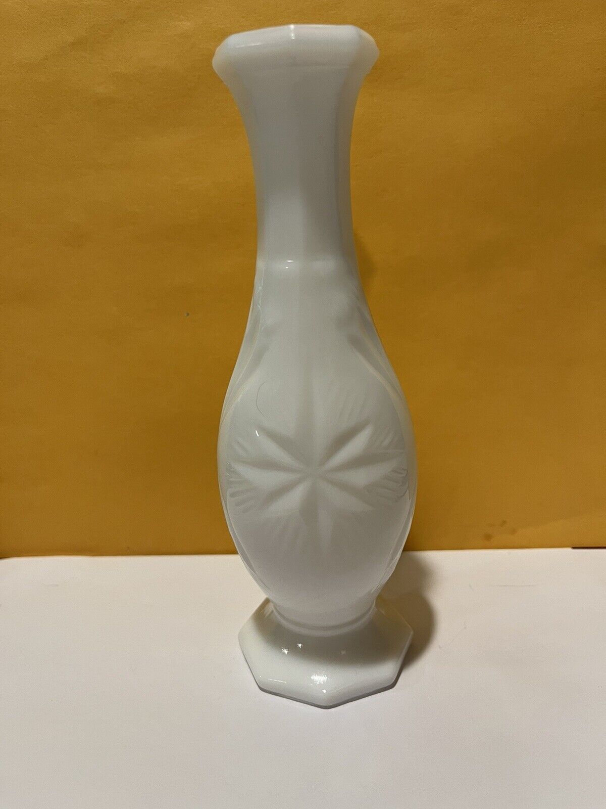 Vintage Milk Glass Vase Star Burst/Octagon Base 7 “