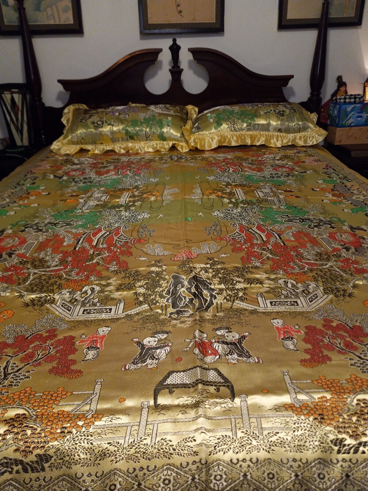 Vintage Satin Silk Brocade Fabric Asian/ Oriental Queen Size Gold Bedspread With