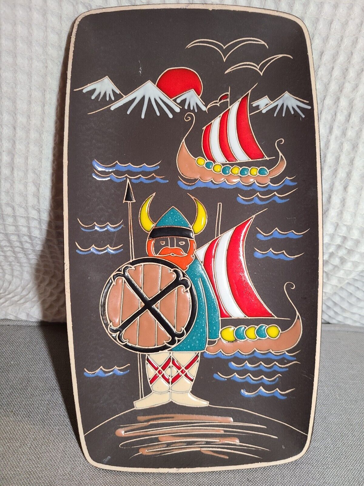 Vintage Norwegian Ceramic Viking Motif Wall Plaque Signed AMF