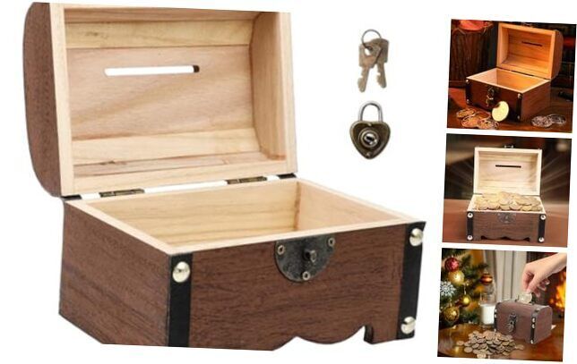  Pirate Treasure Chest with Lock and Key Wooden Piggy Bank Coin Box Treasures 