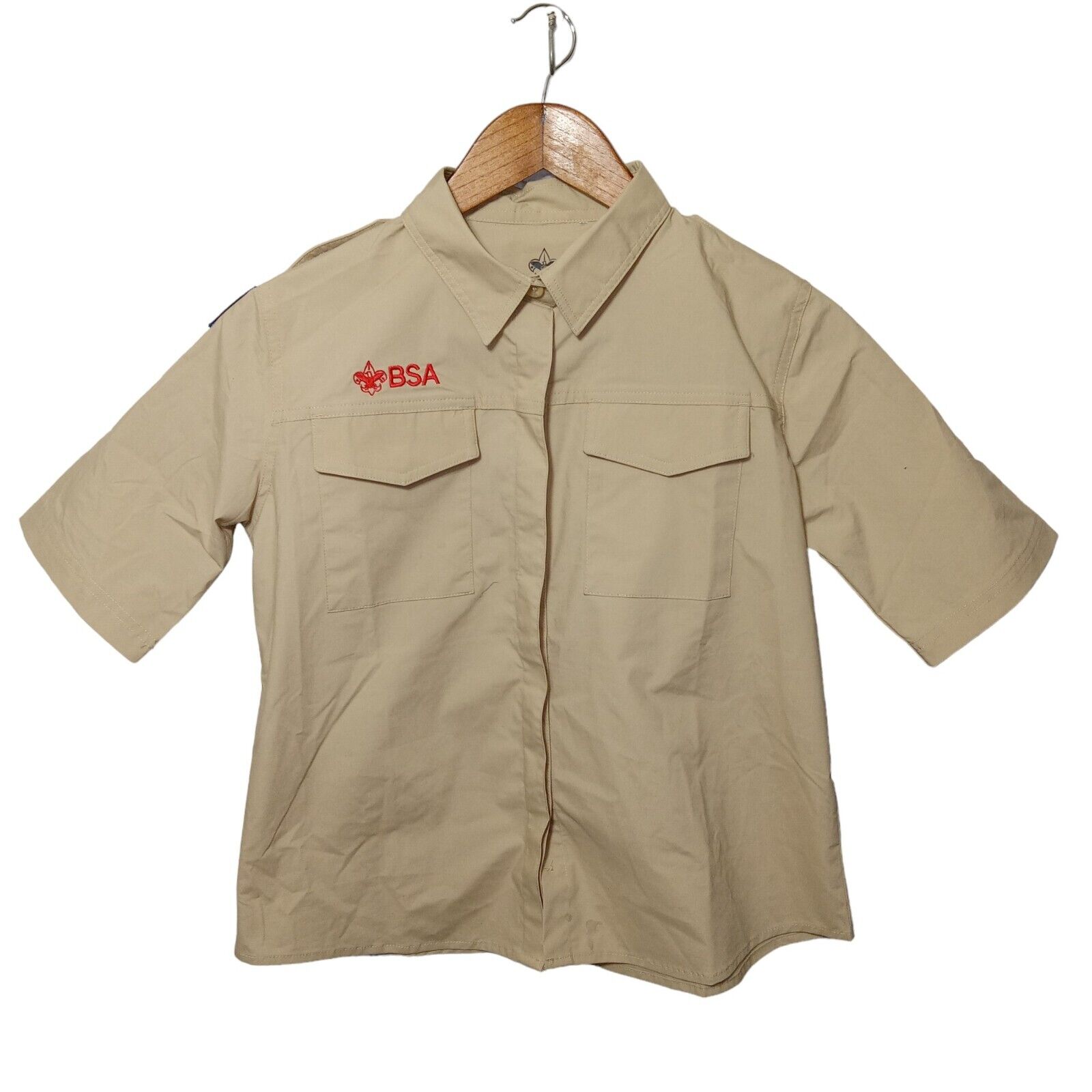 BSA Boy Scouts Shirt Girls XL Beige Patches Uniform Short Sleeve
