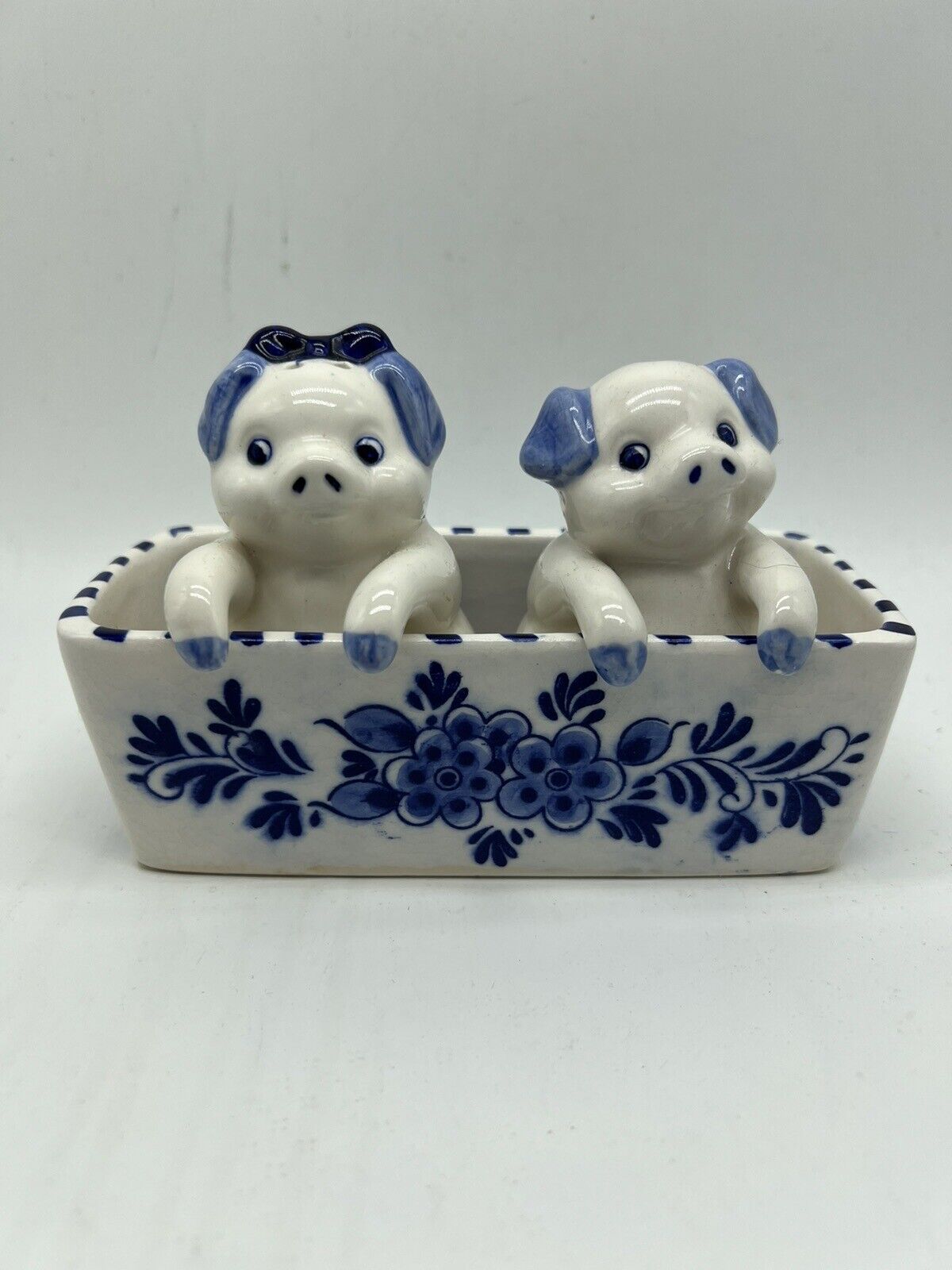 Delft Blue Salt and Pepper Shakers Hand Painted Salt Pepper Pigs in Trough