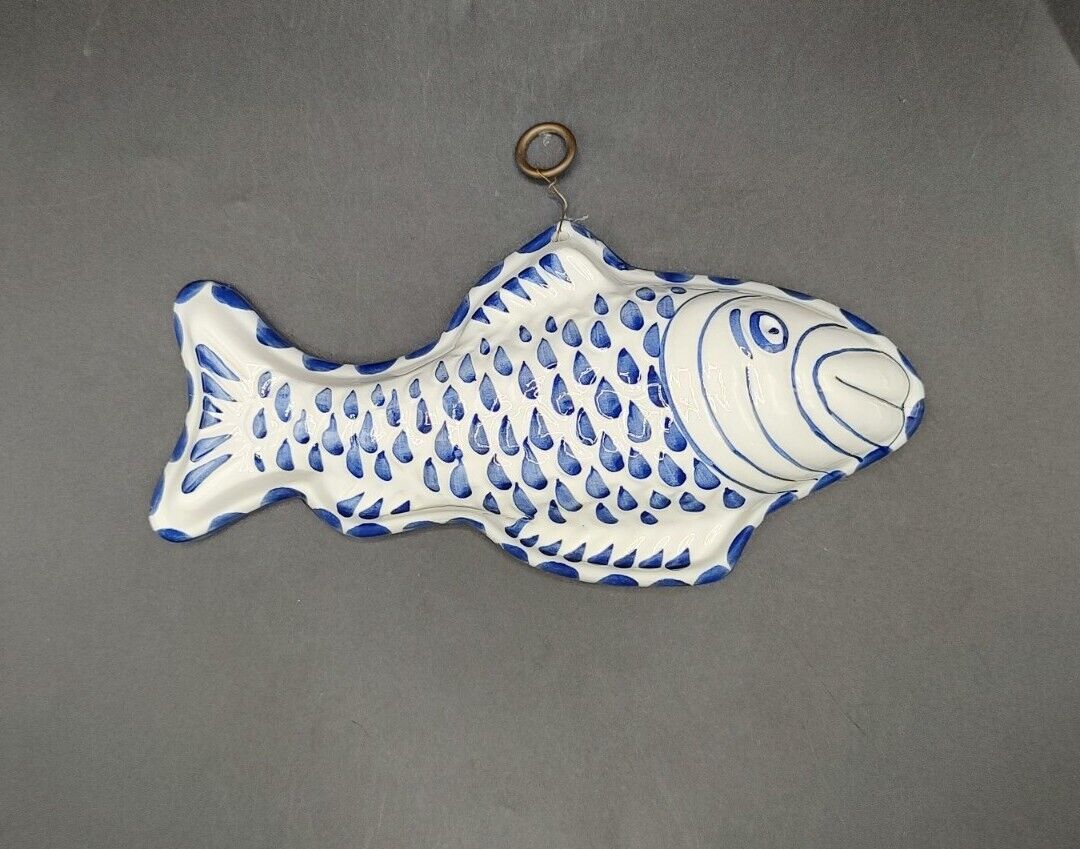 Vtg Bassano Italy Ceramic Blue And White Fish Wall Hanging