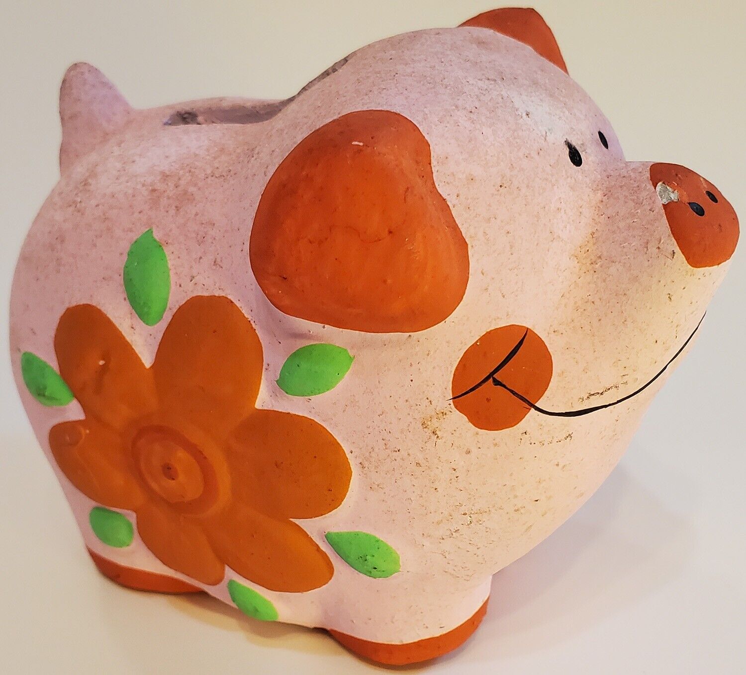 Vintage Cute Pink Pig Piggy Bank with Painted Flower