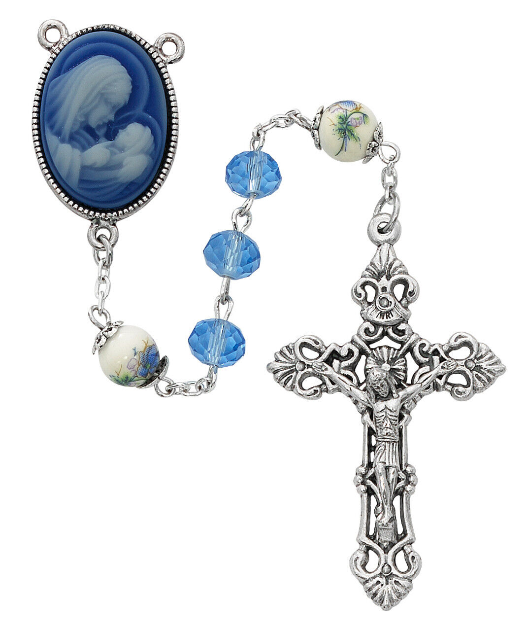 Mother And Child Cameo Center Silver OX Crucifix 7mm Blue Sun-Cut Crystal Bead