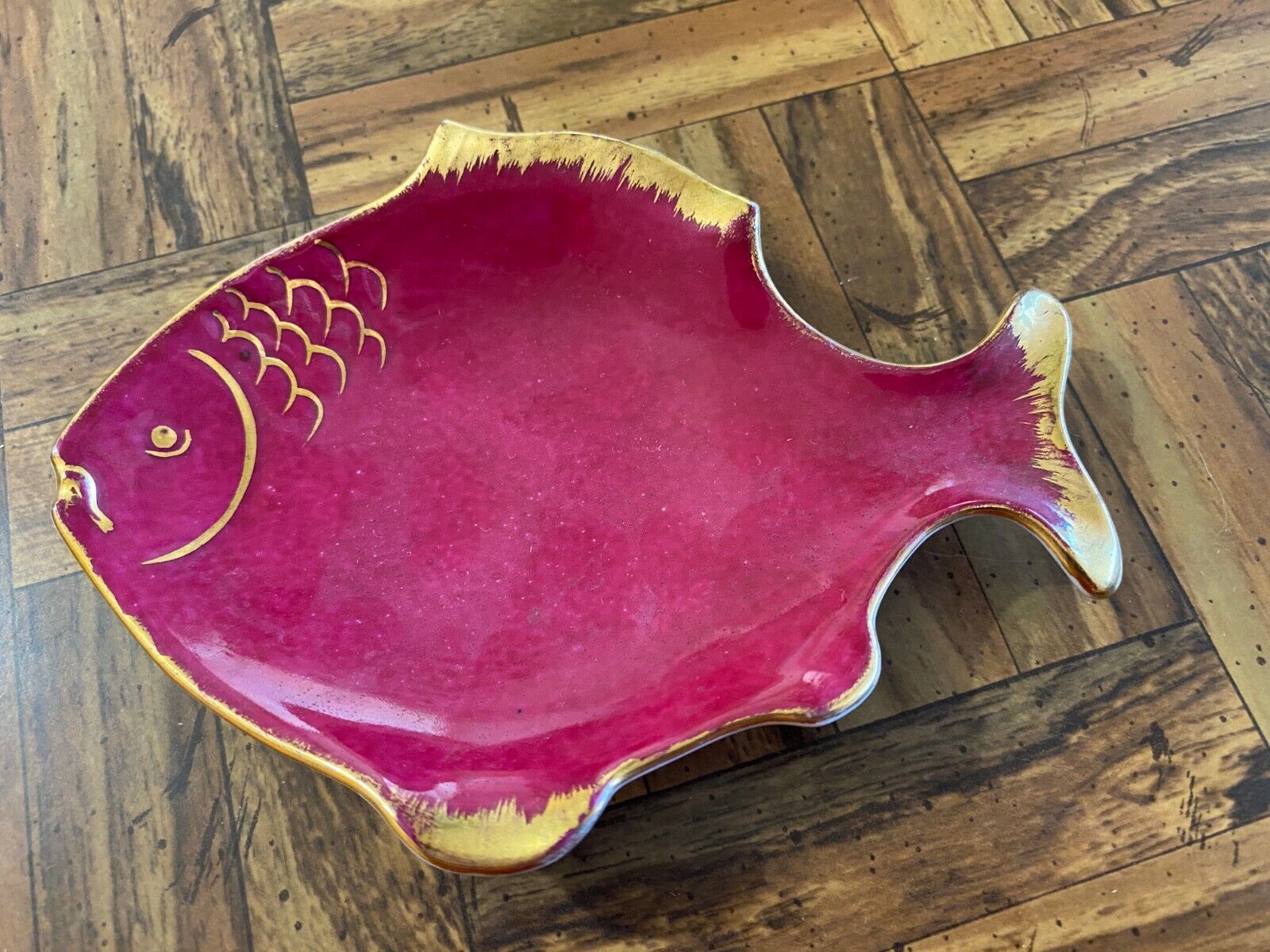 Vintage 1954 E. Chalais Art Nouveau Limoges Red Fish w/ 22K Gold Trim Dish