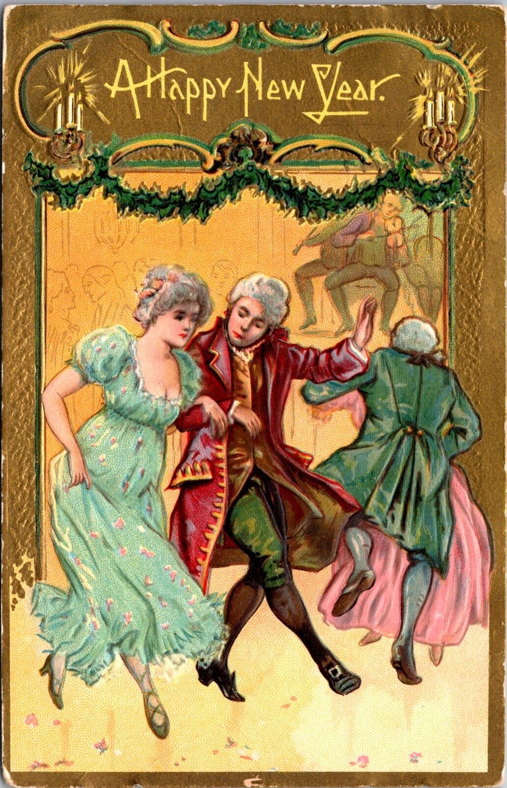 New Year Postcard Couples Dancing at Party with Musicians
