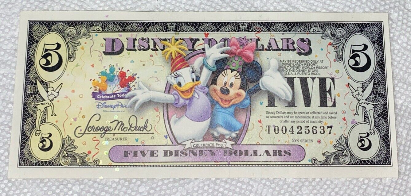 2009-T Block. $5 Disney Dollars. Minnie & Daisy. Disney Store. CU.