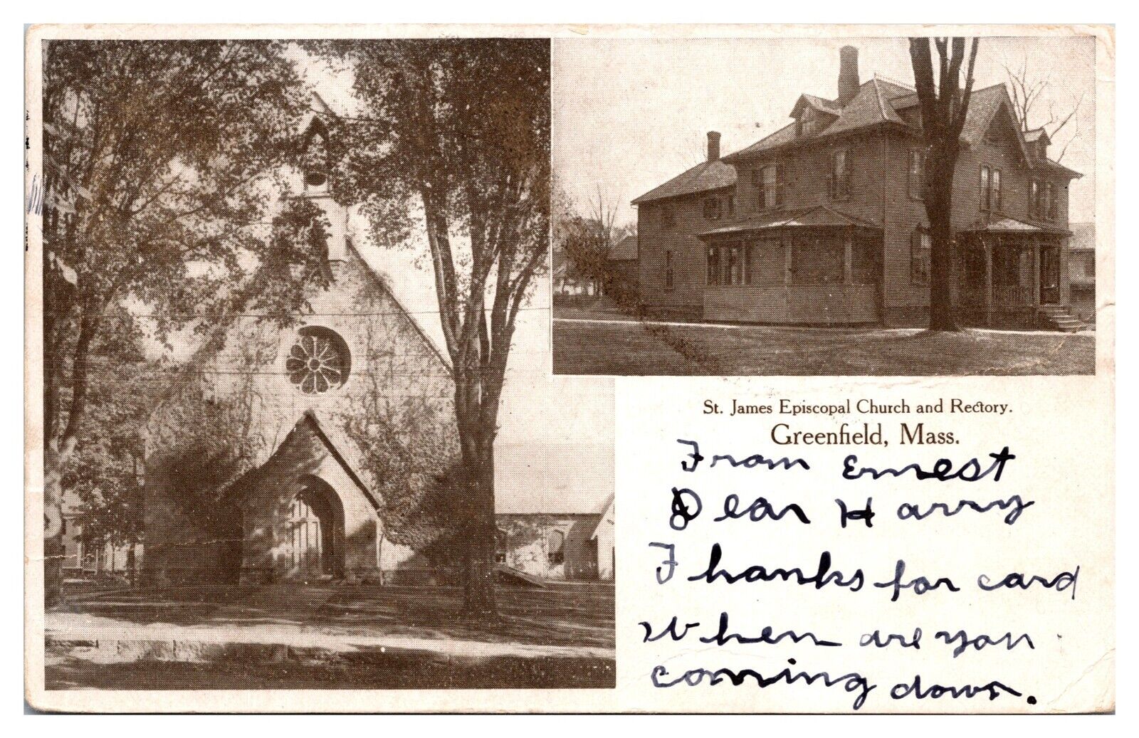 1906 St. James Episcopal Church and Rectory, Greenfield, MA Postcard