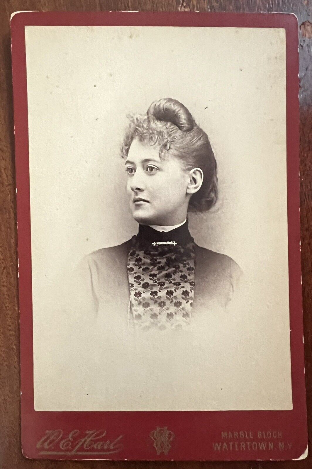 ATQ Red Cabinet Card Gorgeous Woman Intricate Pattern Silk Blouse Watertown NY