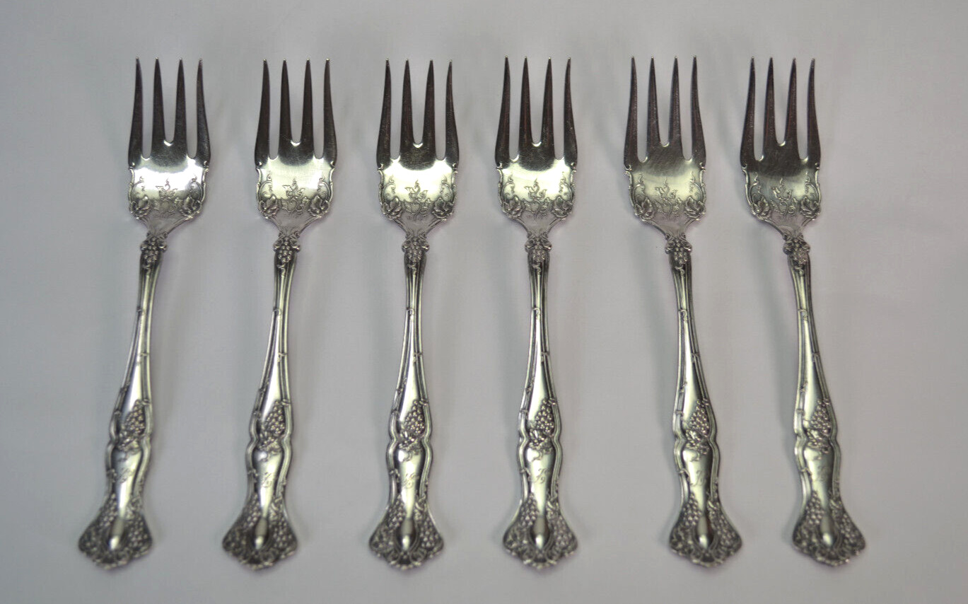 Antique 1904 Rogers Bros 6 Salad Forks Grapes Front & Back A1 Triple Silver Mono