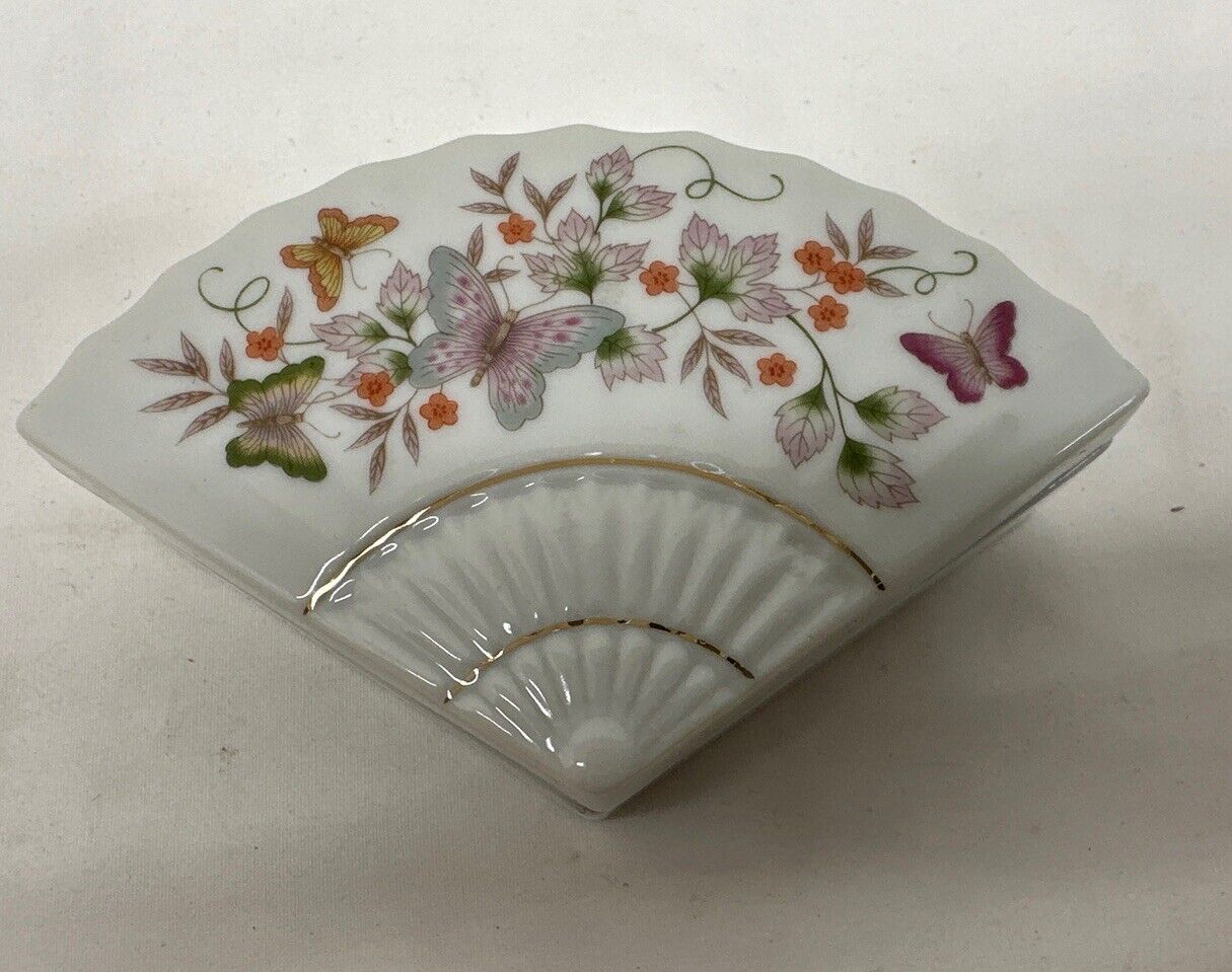 Avon 1980 Butterfly Fantasy Porcelain Fan Trinket Box Vintage
