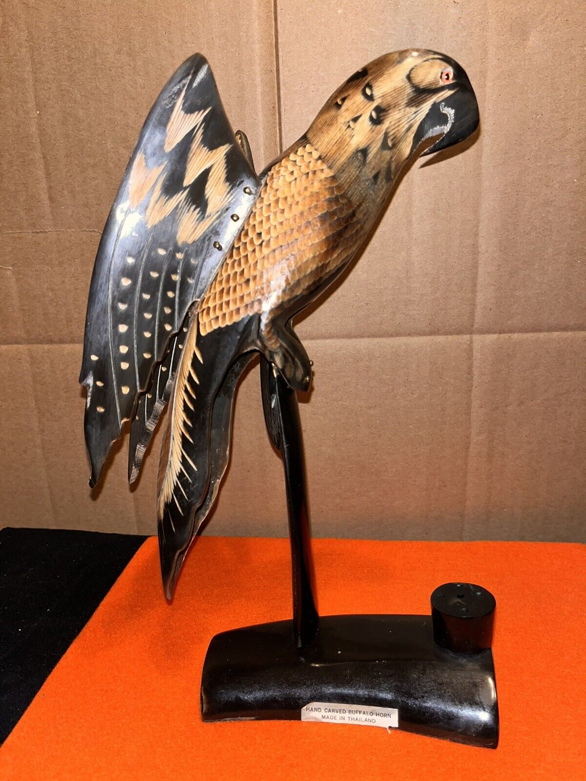 Vintage Carved Bull Horn Parrot Sculpture Meticulously, detailed Folk Art