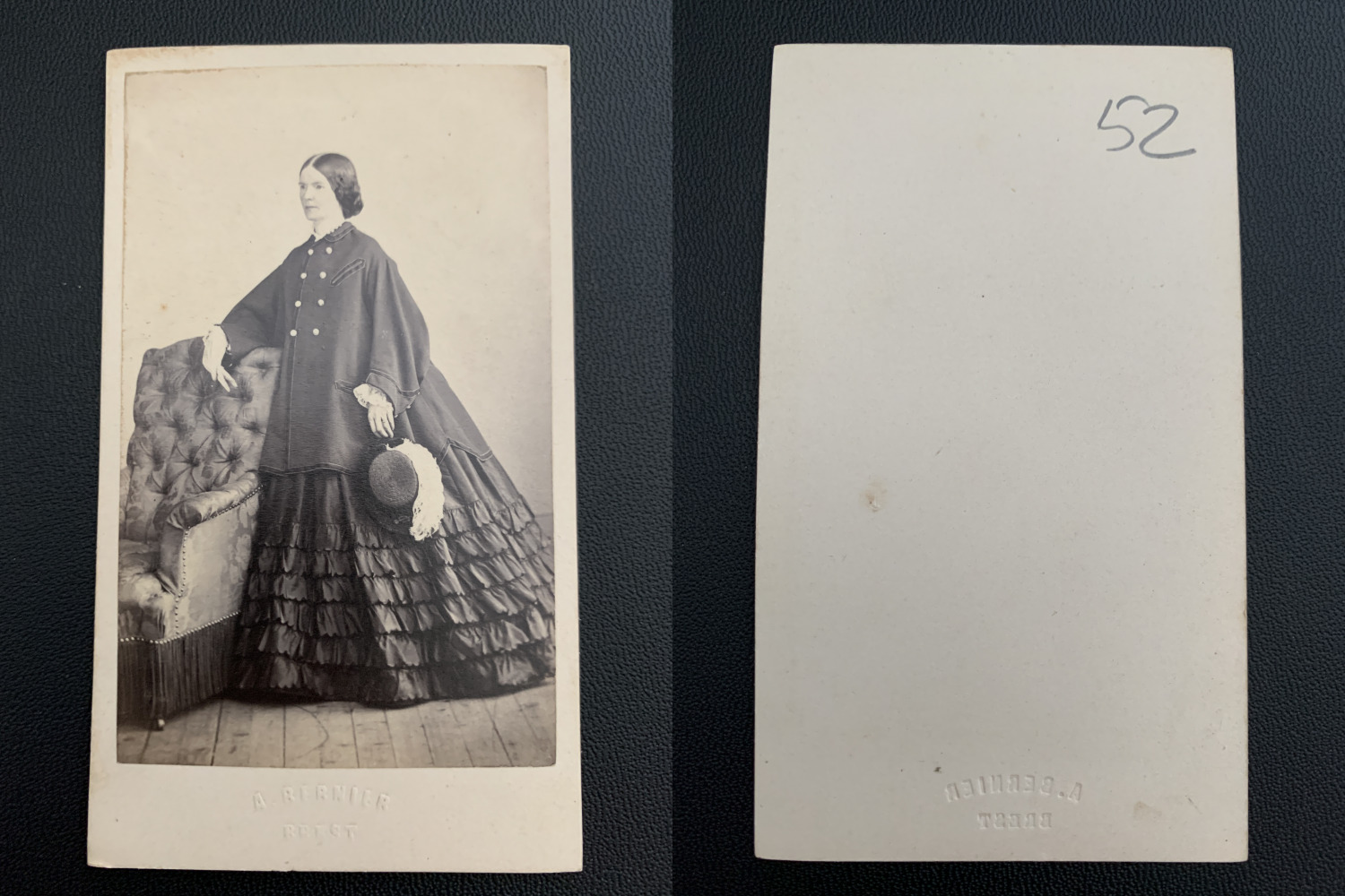 Bernier, Brest, lady in coat vintage albumen print. CDV. Alb Print