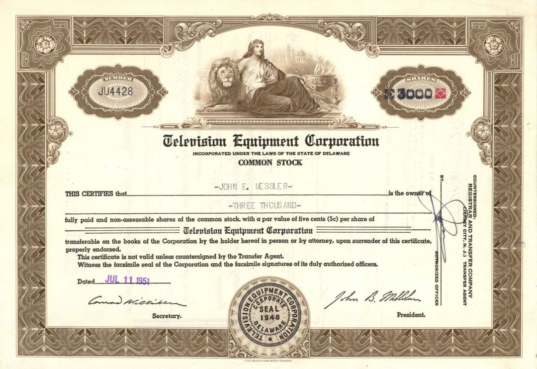 Television Equipment Corp. - 1951 Entertainment Stock Certificate - Entertainmen