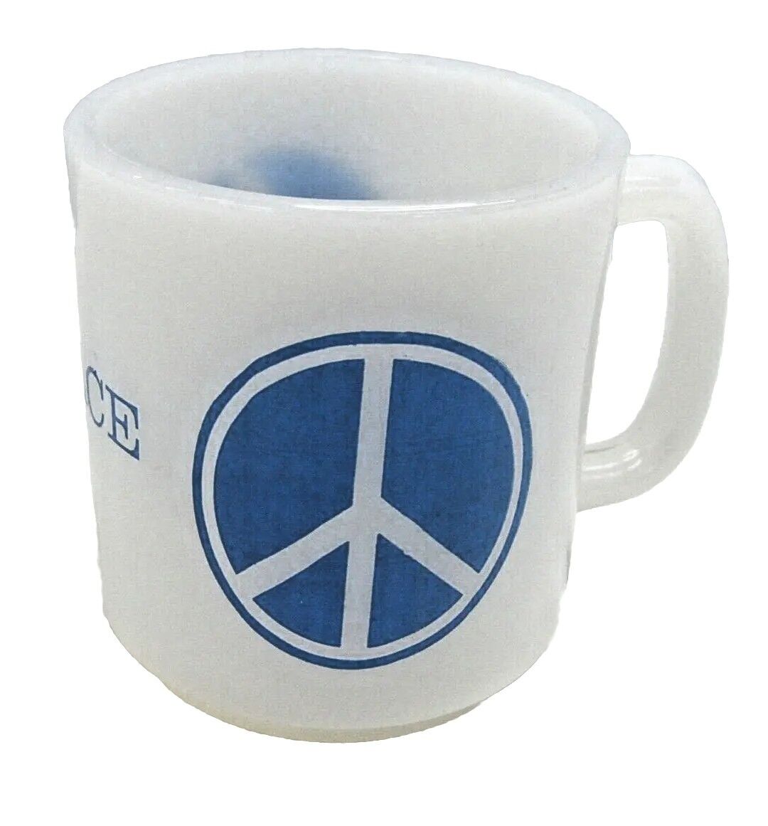 ☮️   1970\'s Hippy PEACE Sign and Dove in Blue Milk Glass Coffee Mug #VO