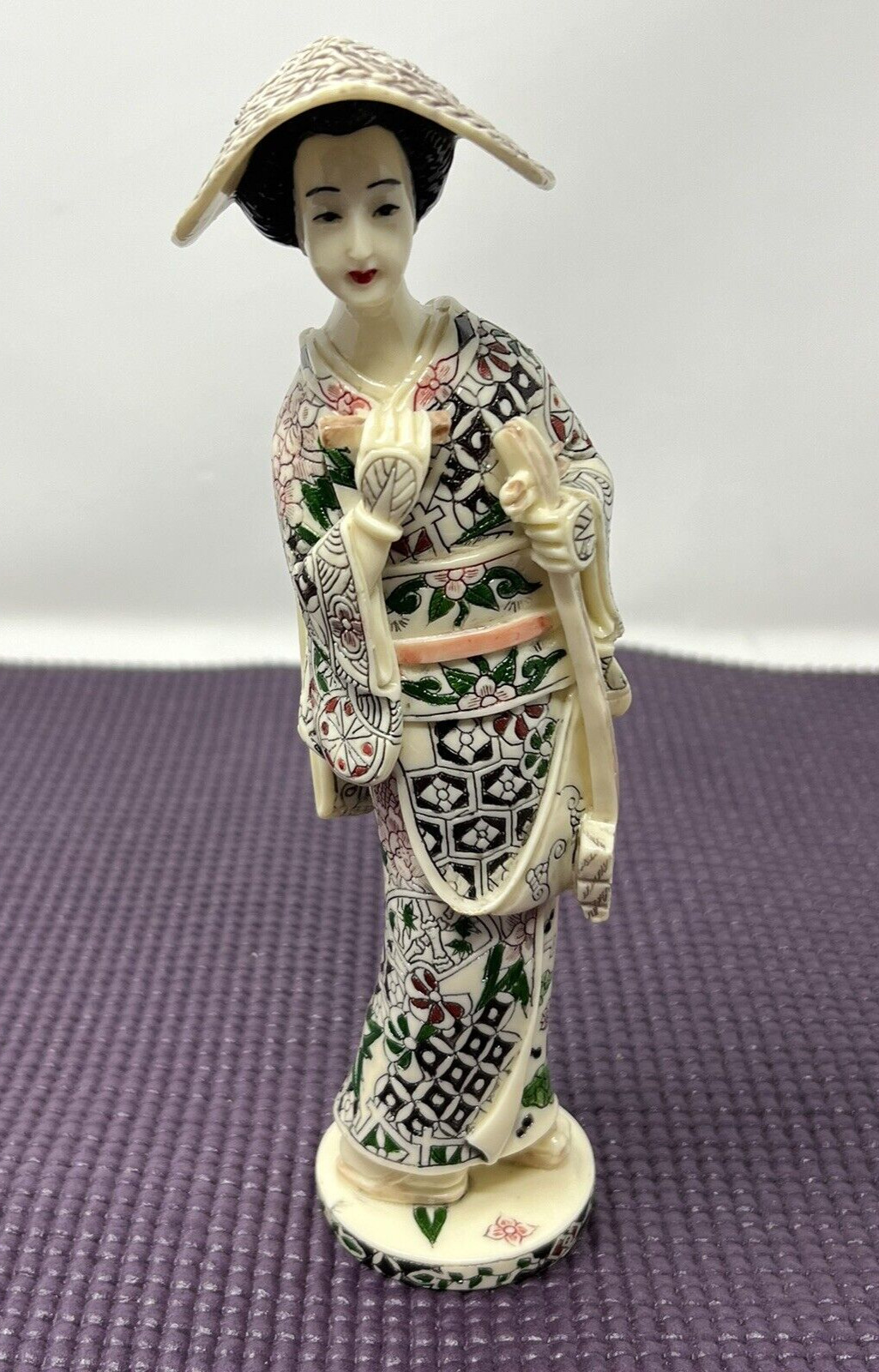 Vintage Asian Woman Figurine Holding Instrument- Resin - High Detail