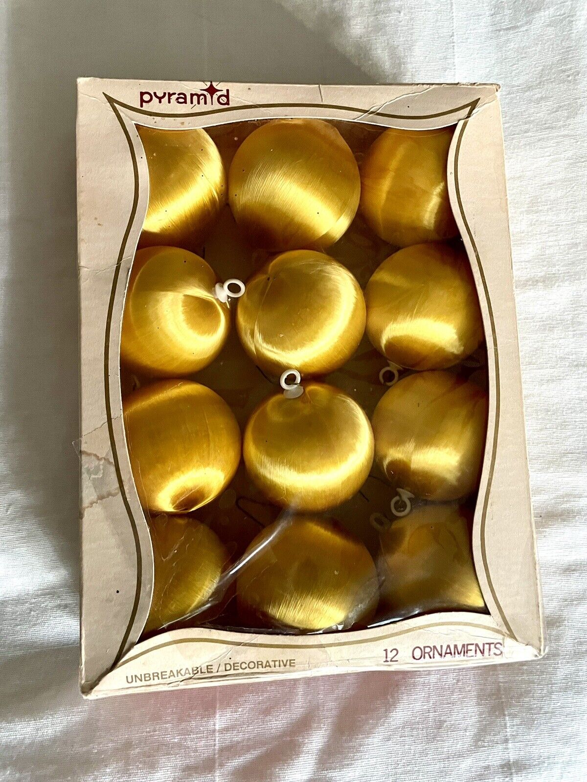 Vintage Christmas Ornaments  PYRAMID Yellow Gold Satin Unbreakable Original Box