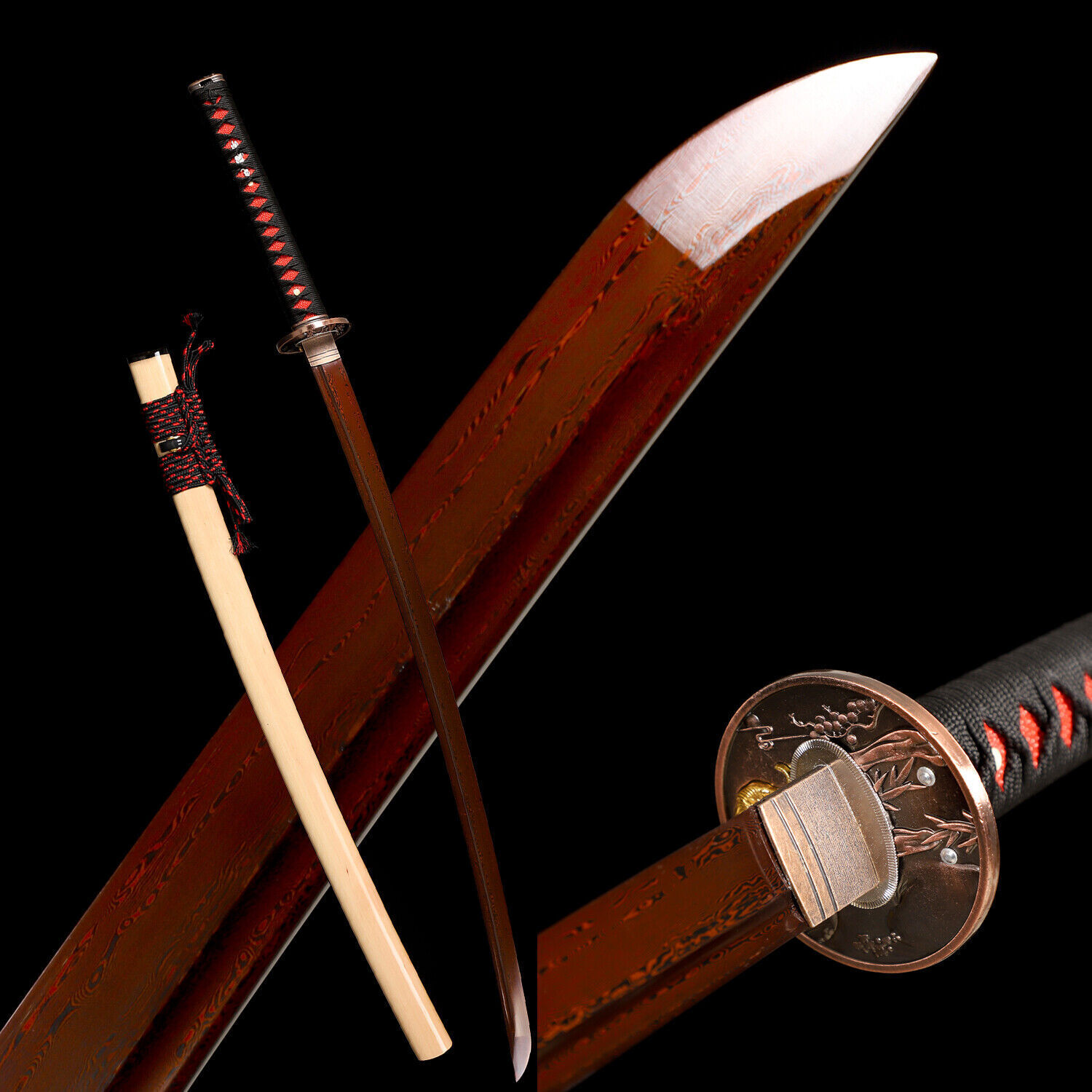 Damascus Folded Steel Red Blade Japanese Samurai Real Sword Katana Razor Sharp
