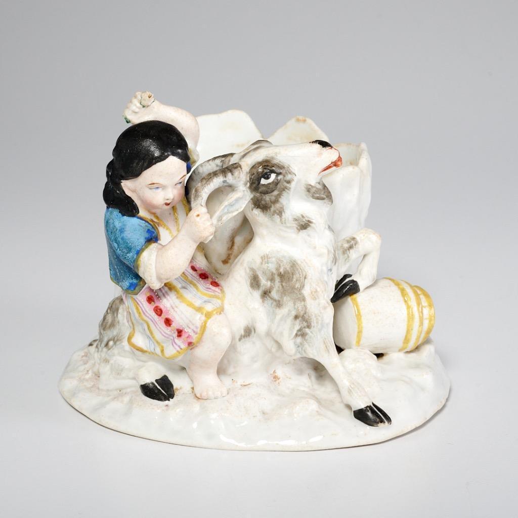 Figural Porcelain Girl Riding Goat Cache Pot Vide Poche Planter READ CONDITION