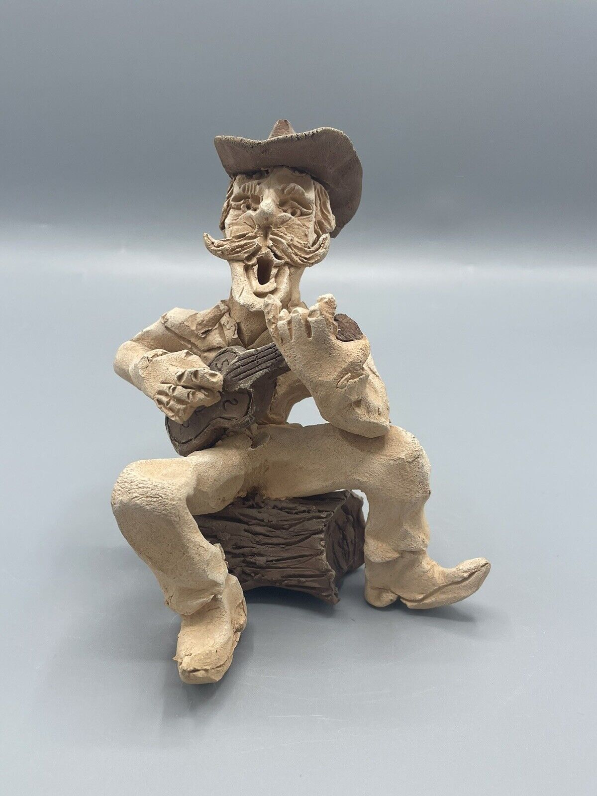 Vintage Tom Schoolcraft Signed Clay Sculpture Cowboy Playing Guitar Singing