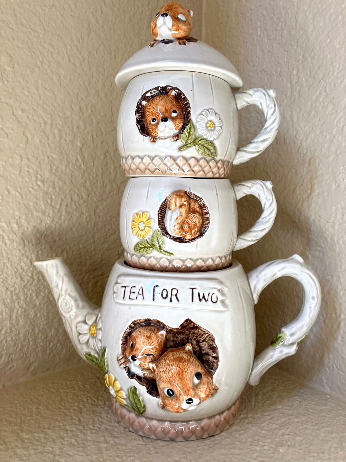 Enesco Squirrel Tea For Two Set Stackable Tea Pot and Two Mugs Vintage 1977