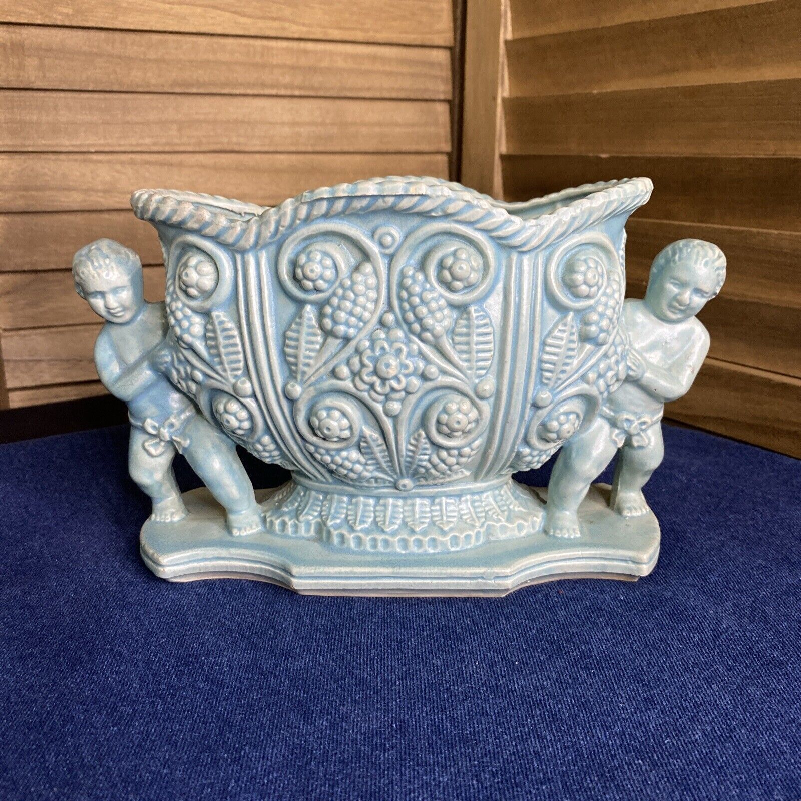 Jardiniere Planter Vase Ceramic Mid Century Putto French Blue Ornate Baroque
