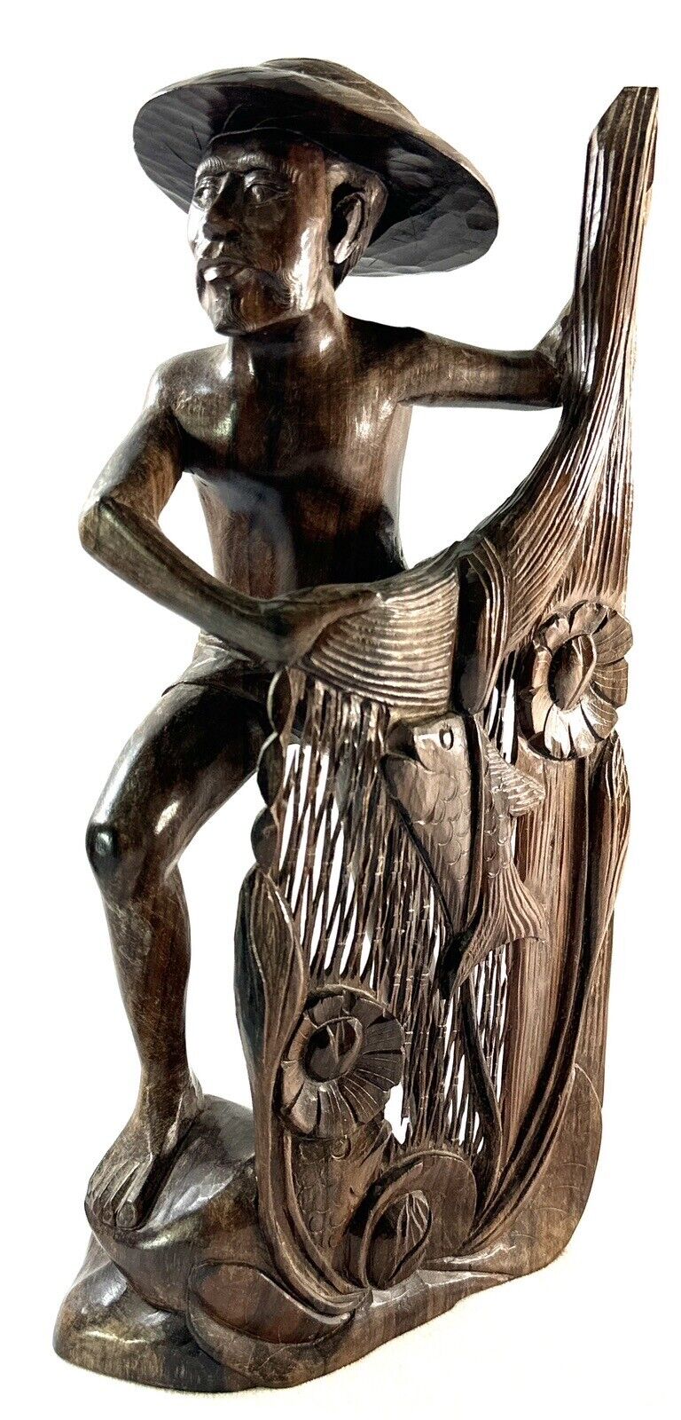 Balinese Carved Wood Figurine Statue Fisherman Hauling Net Indonesian 11.5”