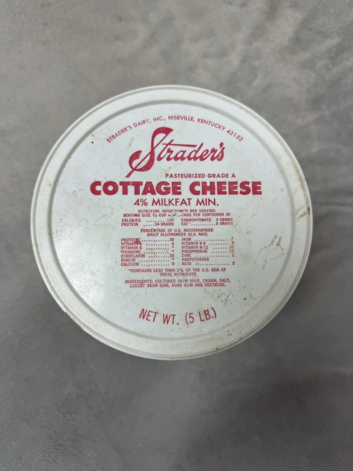 Vintage Antique STRADER\'S Cottage Cheese Container w/Lid 5 Pound Hiseville KY 