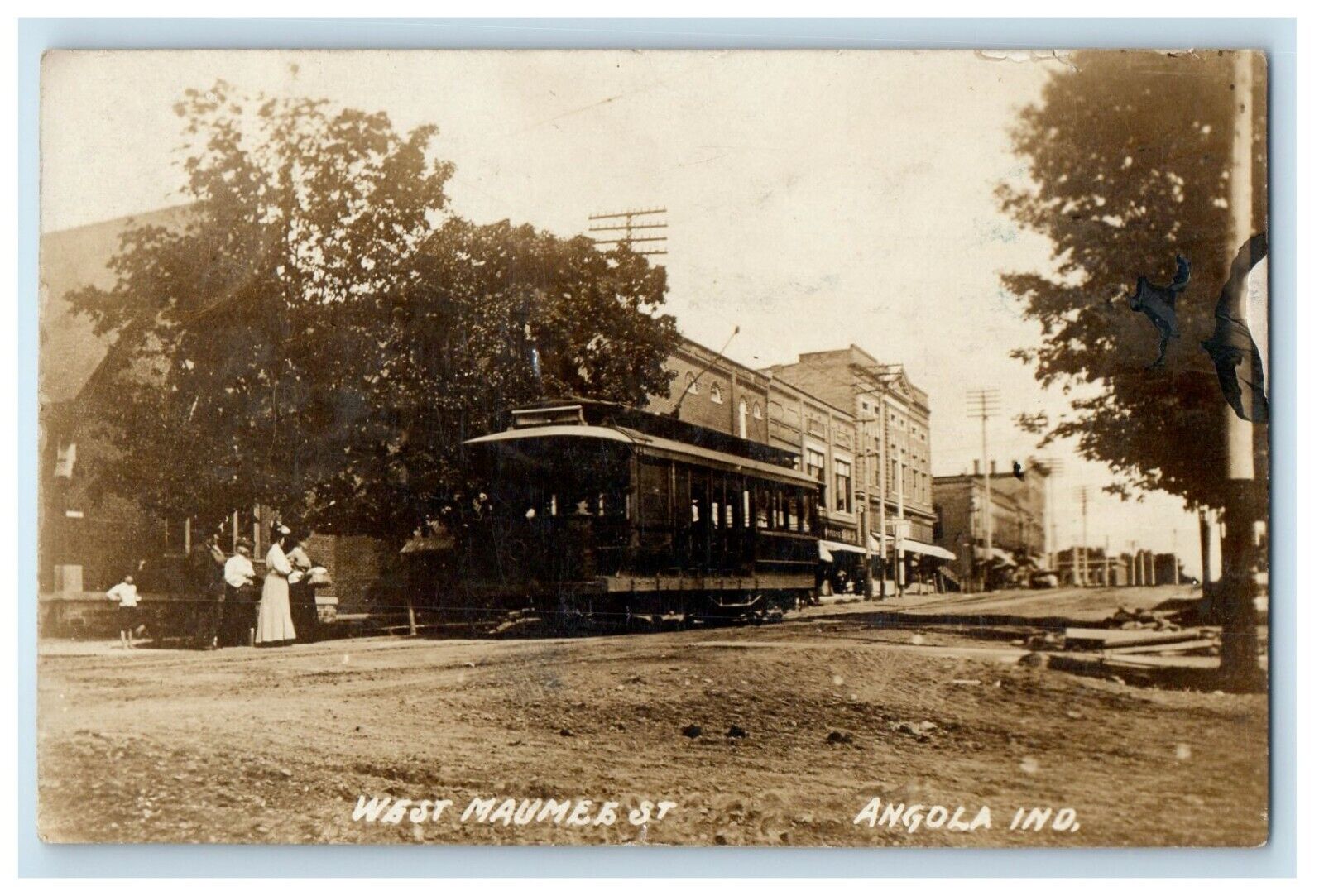 1909 West Maume St. Angola IN, Street Car Trolley Candid RPPC Photo Postcard