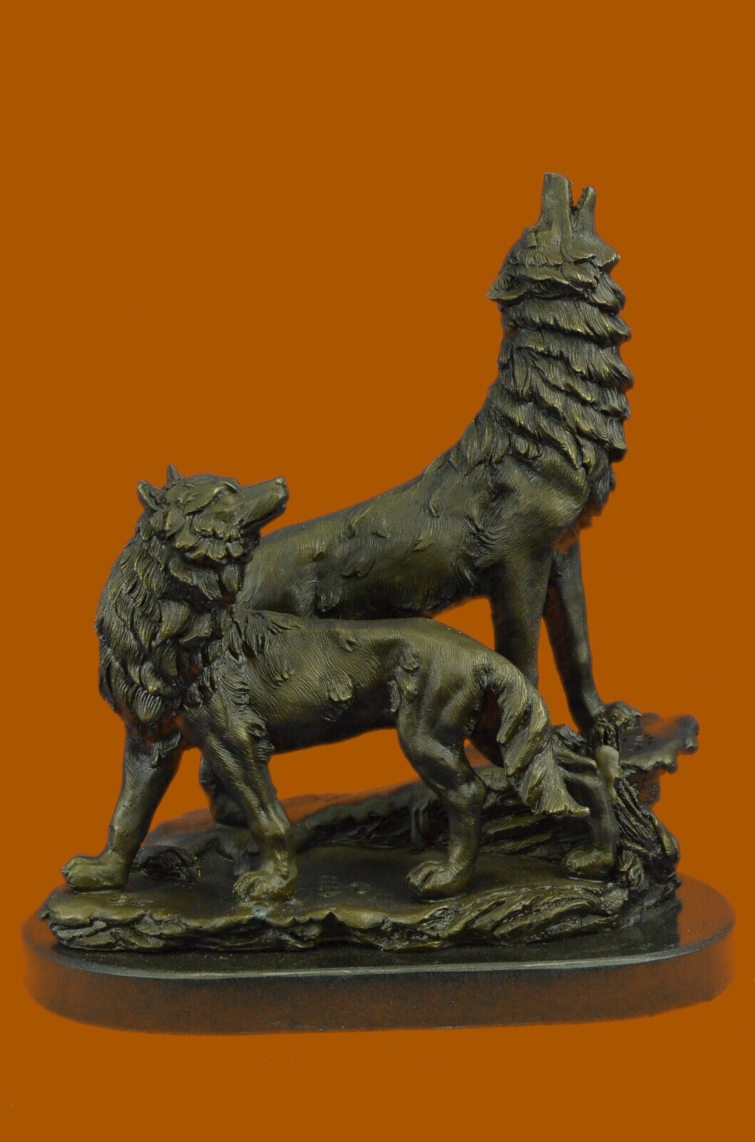 Signed Original Howling Wolf Bronze Sculpture Marble Base Statue Gift Decor Sale