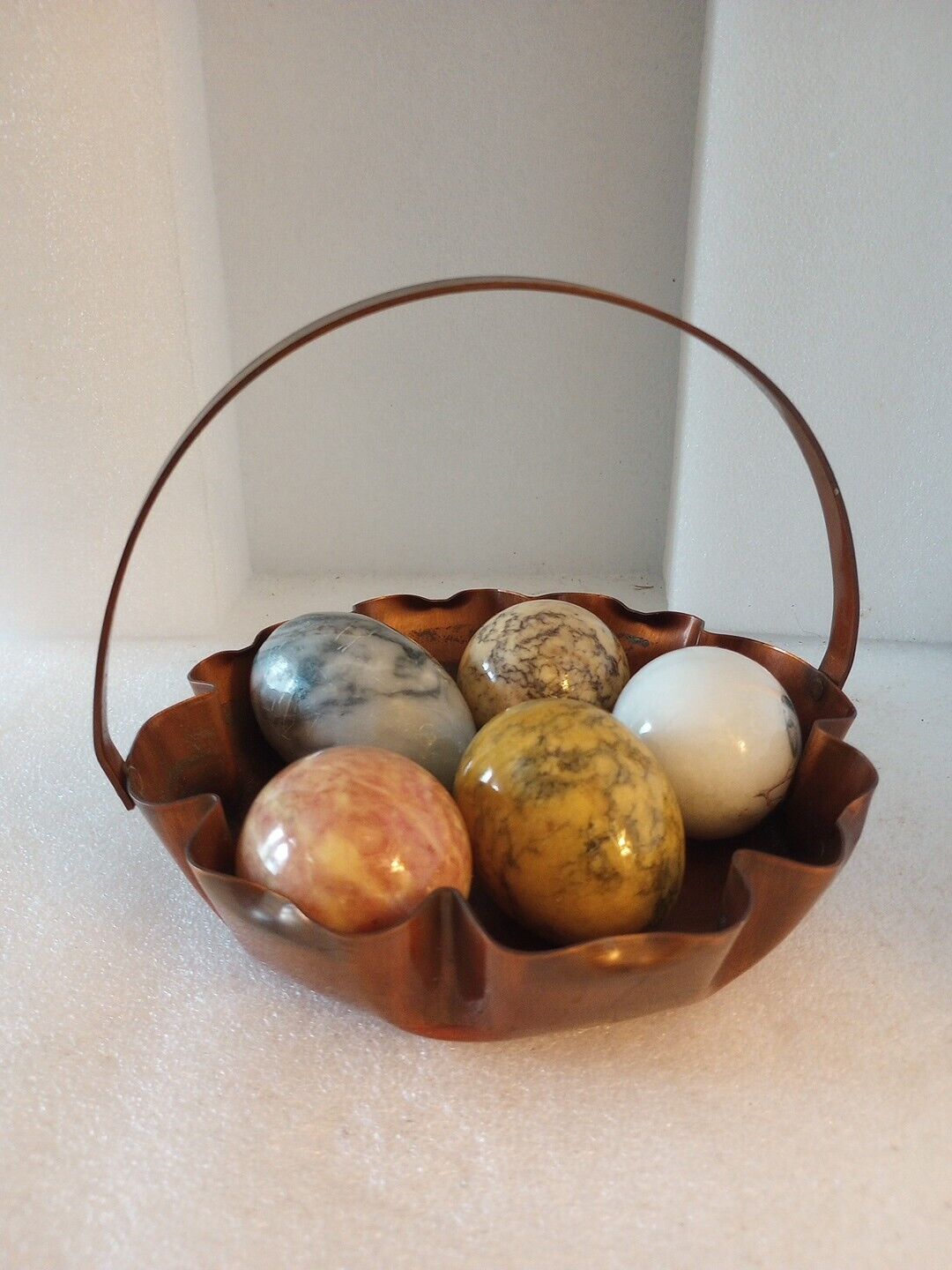 Vintage Ruffled Edge Copper Basket W/ 5 Marble Eggs