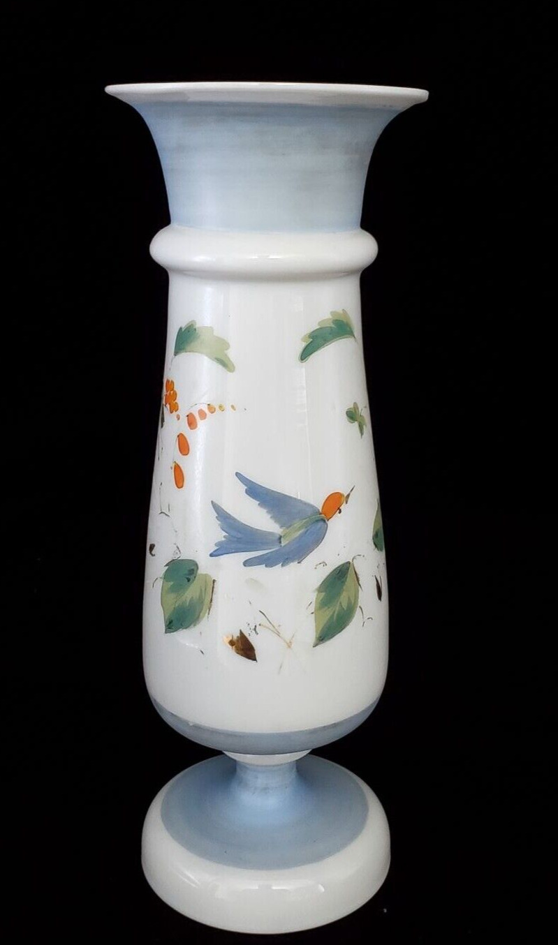 Antique Opaline Glass Vase Hand Painted Floral Bluebird