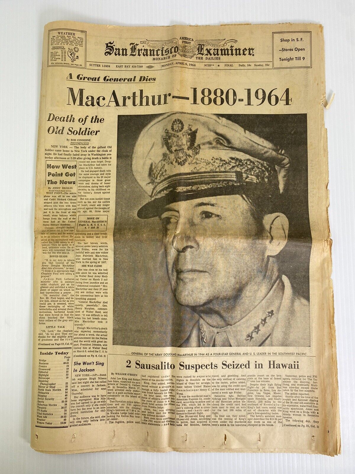 Vintage April 6 1964 San Francisco Examiner MacArthur - 1880-1964 Death