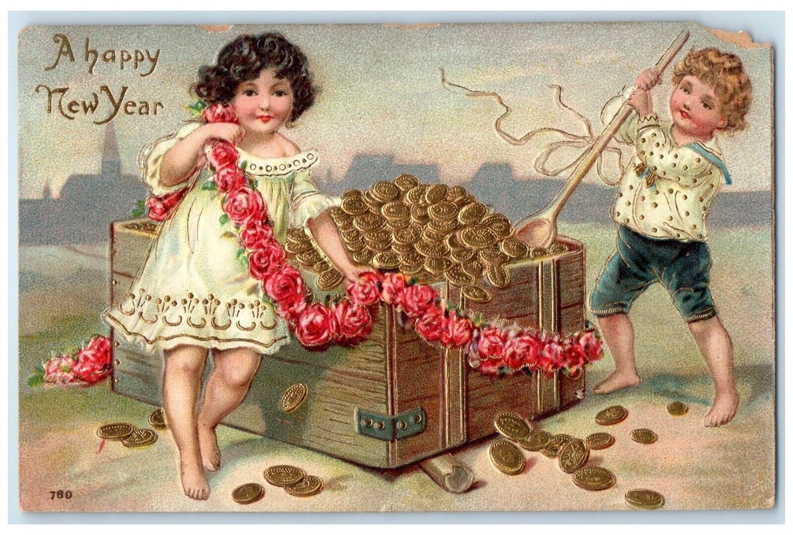 c1910's New Year Children Shovel Coins In Basket Embossed Antique Postcard
